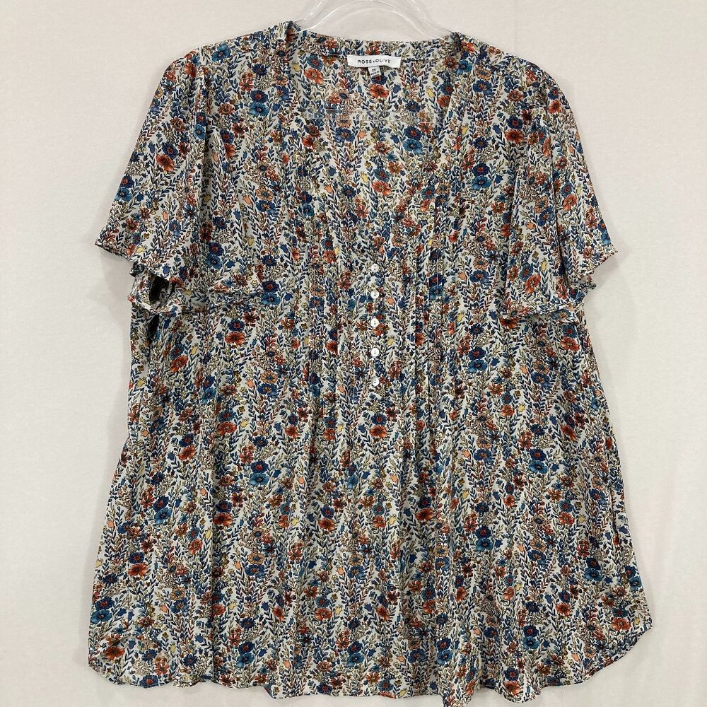 Rose & Olive Blouse 2X Multi Color Ditsy Floral V Neck Flutter Sleeve Button Up